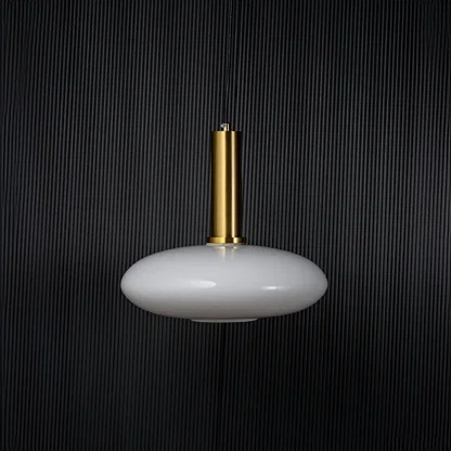 Disc pendant light turned off with brass accent and glass shade displayed as modern ceiling decor on black background.