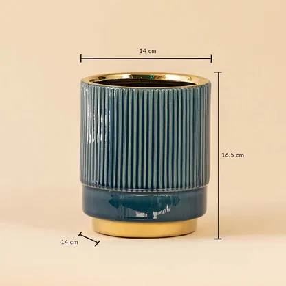 Dimension image of dark teal ribbed ceramic planter pot with shiny gold rim and pedestal base showing 16.5 cm height and 14 cm width.