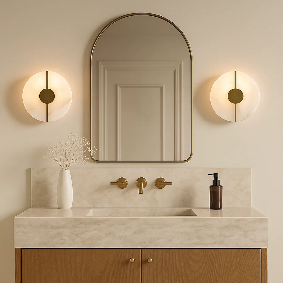 Round wall lights with gold accents illuminate a modern bathroom featuring a marble vanity arched mirror and warm minimal aesthetic.