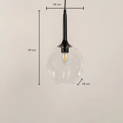 Dimension image of clear glass globe pendant light with black metal accents showing 35 cm height and 18 cm width.