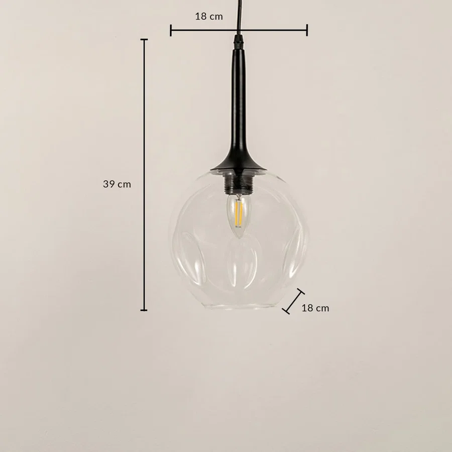 Dimension image of clear glass globe pendant light with black metal accents showing 35 cm height and 18 cm width.