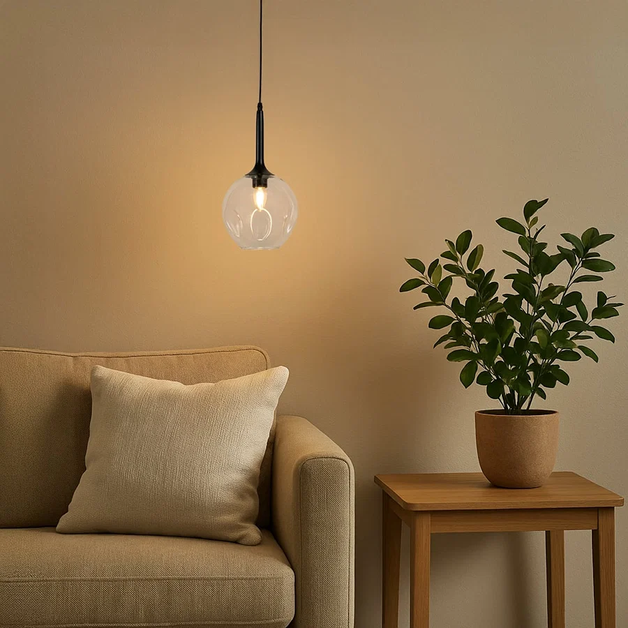 White glass pendant light with brass details creating warm cozy lighting beside sofa in modern living spaces.