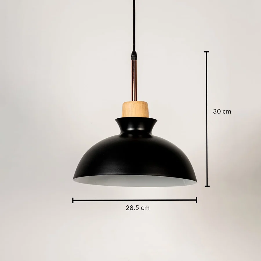 Black metal pendant light measuring 19.5 cm width and 30 cm height crafted for stylish ceiling lighting decor.