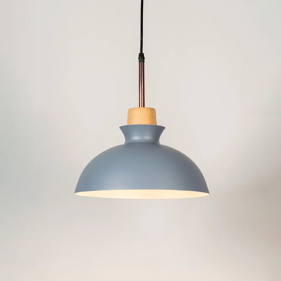 Blue metal pendant light with natural wood accents and minimalist dome design for contemporary ceiling lighting decor.