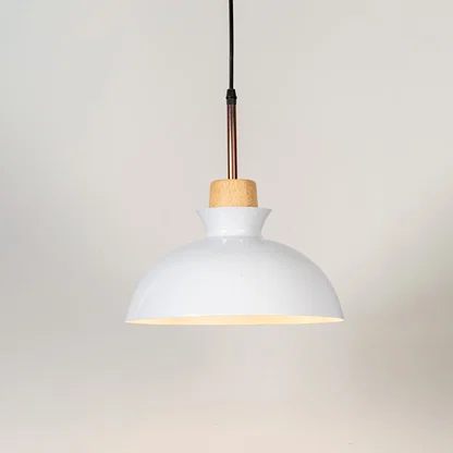 White metal pendant light with natural wood accents and minimalist dome design for contemporary ceiling lighting decor.