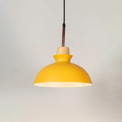 Yellow metal pendant light with natural wood accents and minimalist dome design for contemporary ceiling lighting decor.