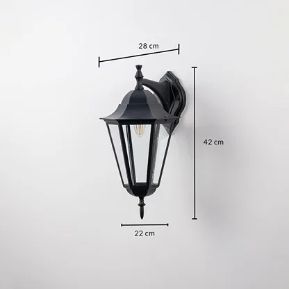 Outdoor wall lantern dimension image showing 42 cm height 28 cm depth and 22 cm width perfect for exterior lighting.
