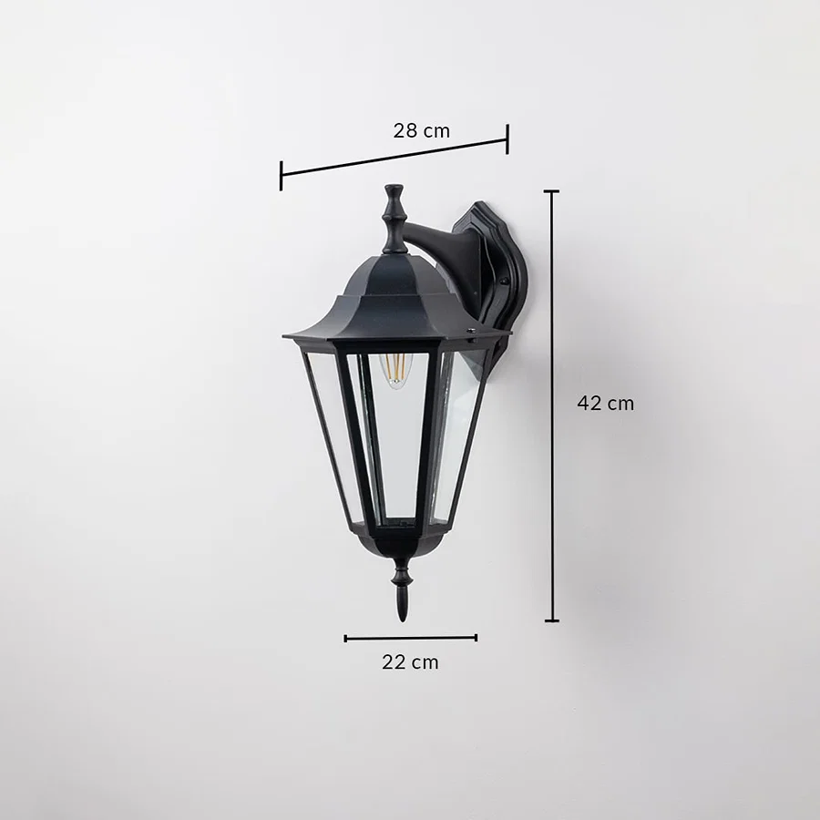 Outdoor wall lantern dimension image showing 42 cm height 28 cm depth and 22 cm width perfect for exterior lighting.