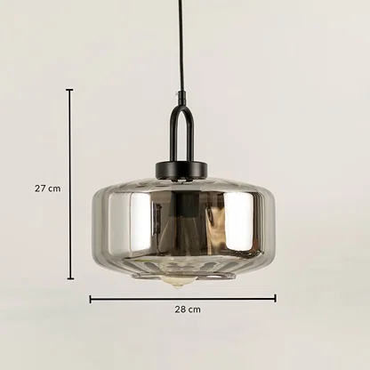 Smoky glass and black metal pendant light dimension image with 28 cm width and 27 cm height for dining room placement.
