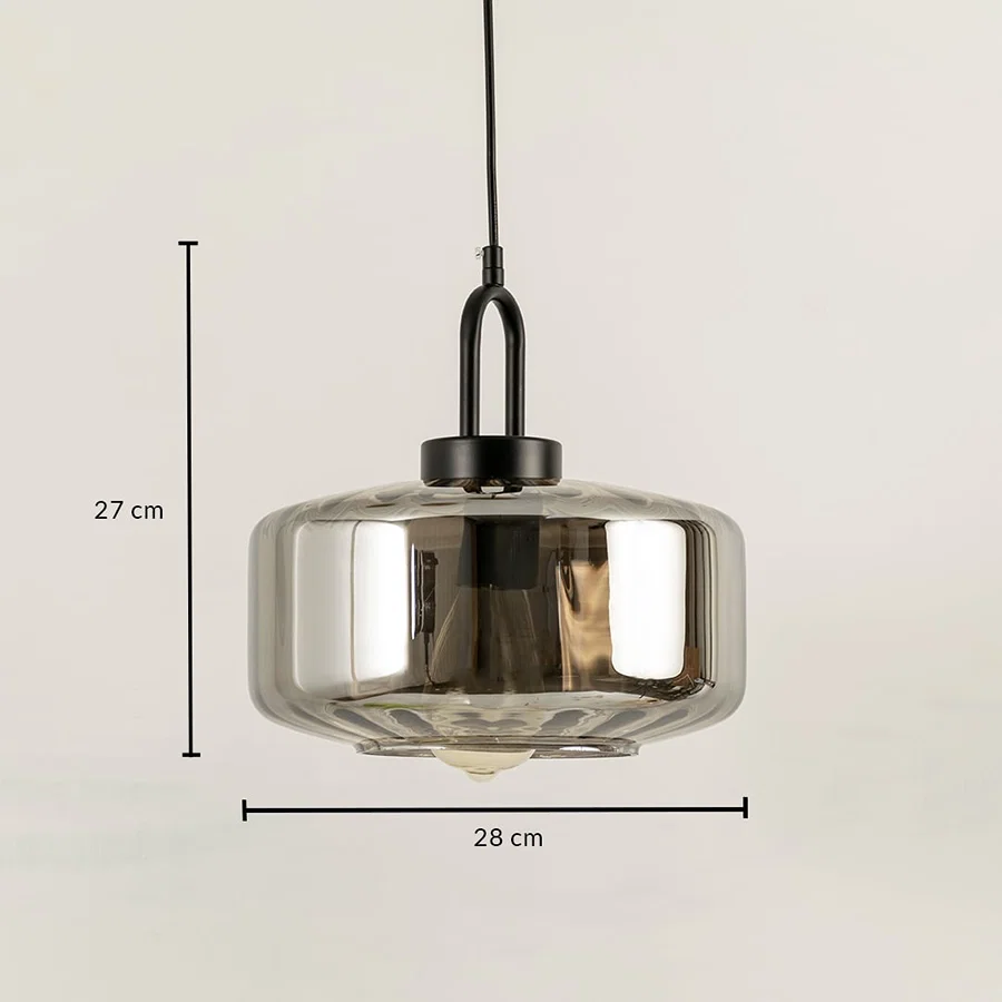 Smoky glass and black metal pendant light dimension image with 28 cm width and 27 cm height for dining room placement.