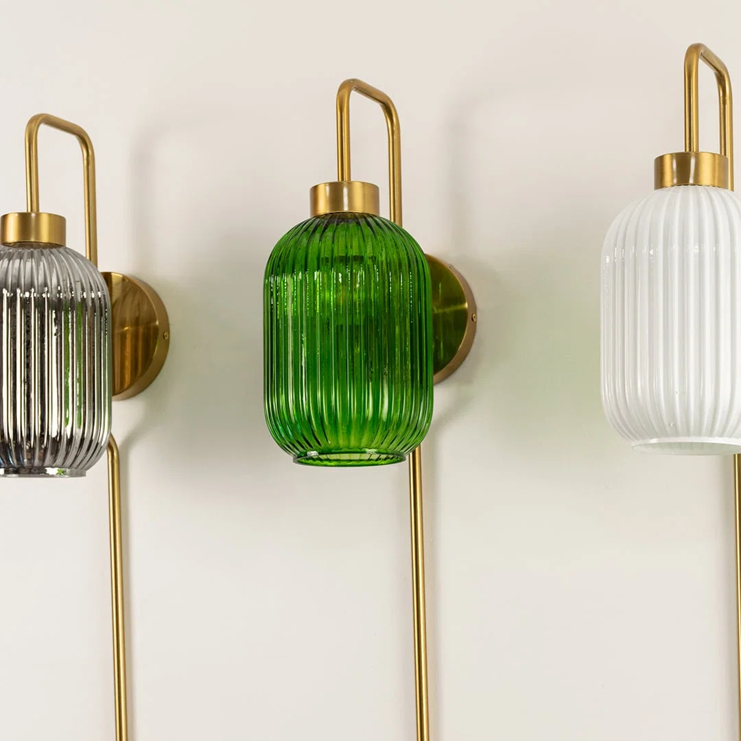 Modern ribbed glass wall lights in grey green and white finish for luxury hallway and decor styling spaces.