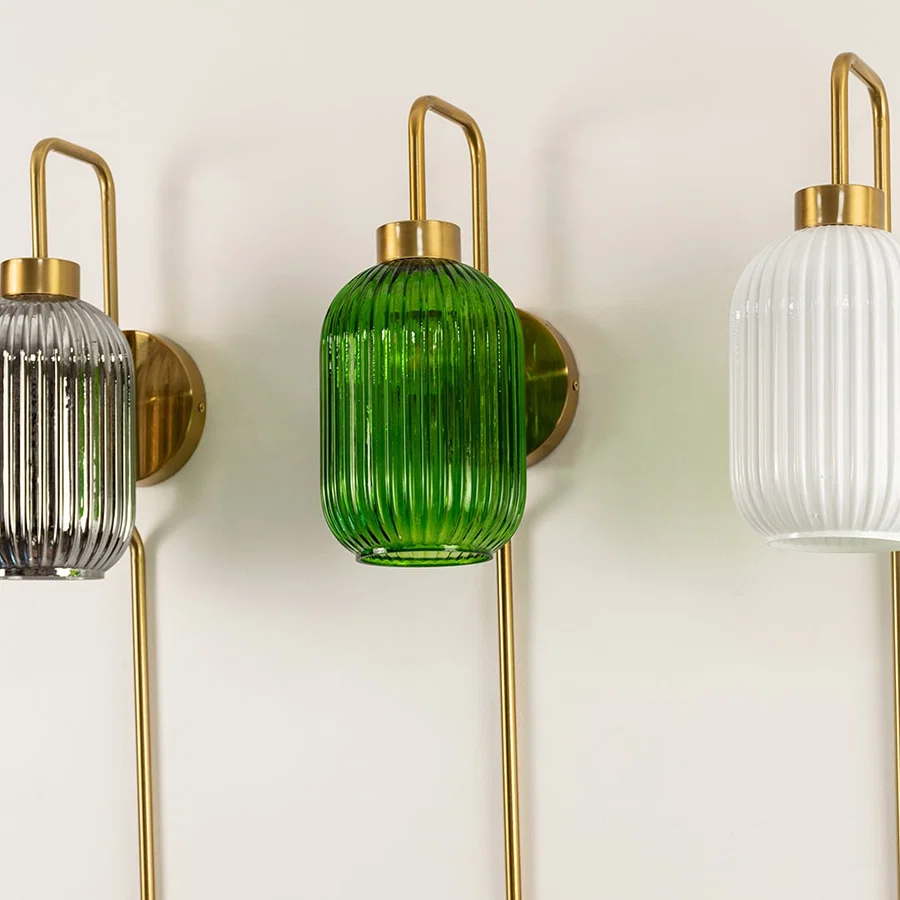 Modern ribbed glass wall lights in grey green and white finish for luxury hallway and decor styling spaces.