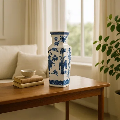 Blue and white ceramic decorative vase styled on a wooden console table for elegant contemporary home decor settings.