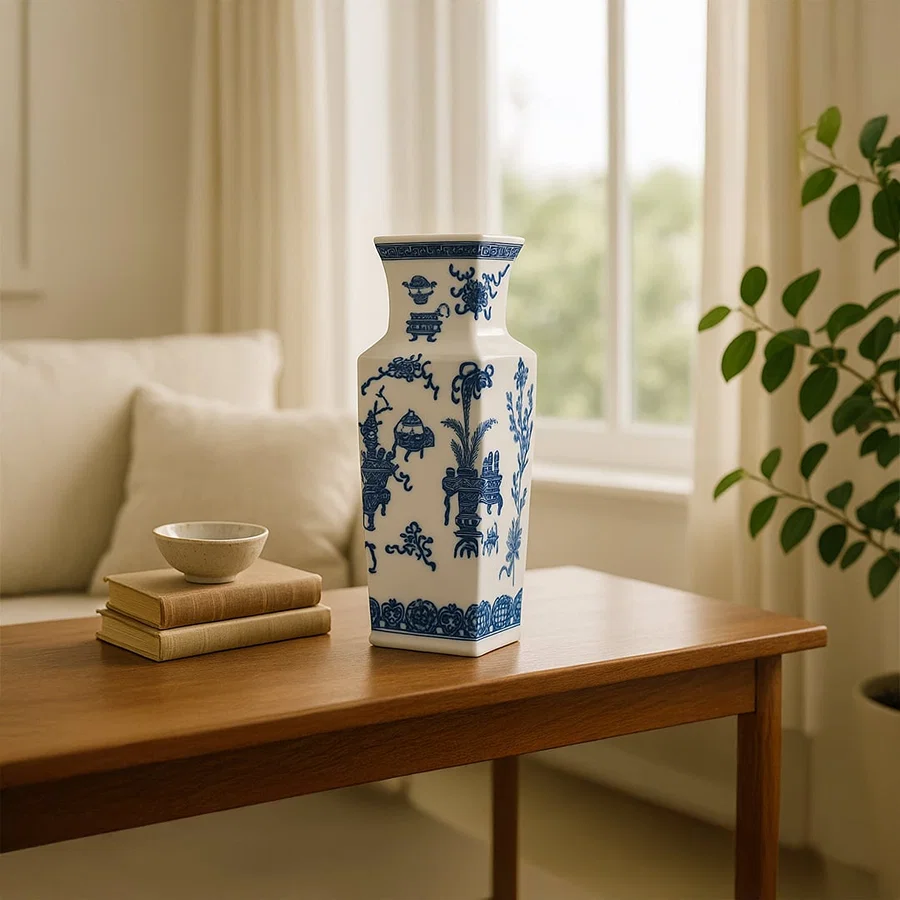 Blue and white ceramic decorative vase styled on a wooden console table for elegant contemporary home decor settings.