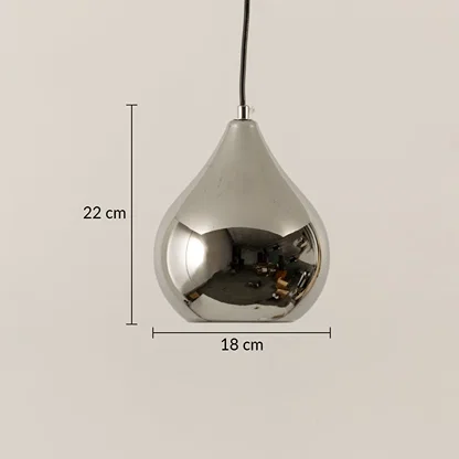Silver chrome metal pendant light dimension image with 18 cm width and 22 cm height for contemporary bedside placement.