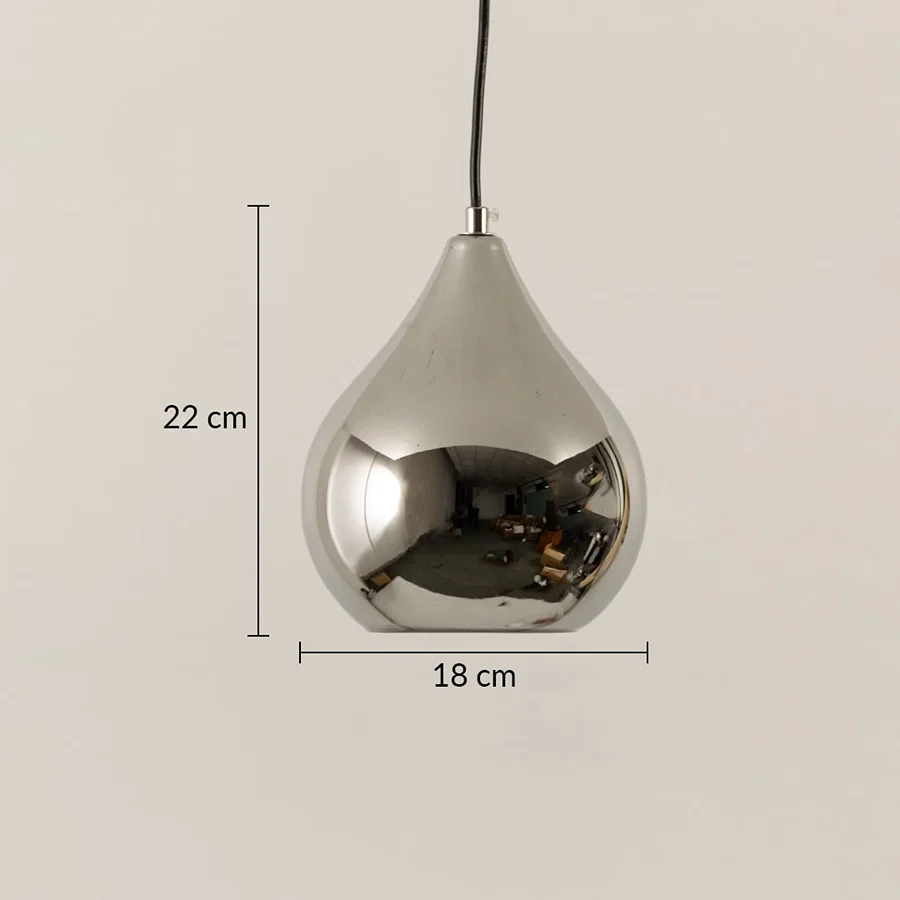 Silver chrome metal pendant light dimension image with 18 cm width and 22 cm height for contemporary bedside placement.