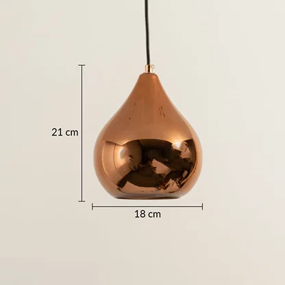 Copper finish metal pendant light dimension image with 18 cm width and 21 cm height for modern bedside placement.