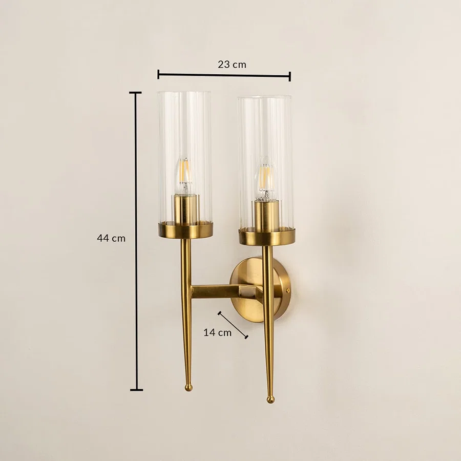 Double glass wall light shown with measurements including 23 cm width 44 cm height and 14 cm depth clearly marked on a clean background.