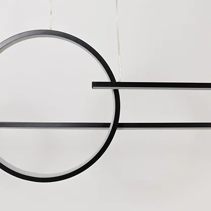 Closeup view of the chandelier highlighting the smooth metal rings and slim linear rods with precise detailing in a modern style.