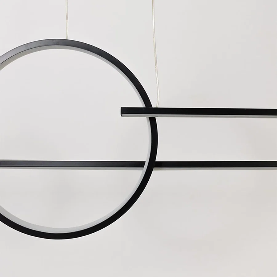 Closeup view of the chandelier highlighting the smooth metal rings and slim linear rods with precise detailing in a modern style.