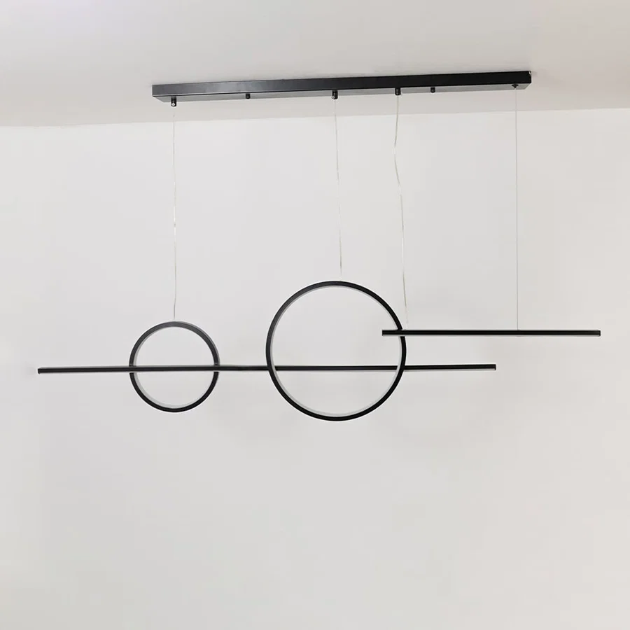Chandelier shown against a white background with lights off revealing its geometric ring structure and slim linear rods in full clarity.