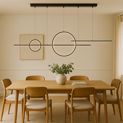 Chandelier styled in a modern room setting showing its sleek twin ring design and balanced linear frame for a clean contemporary look.