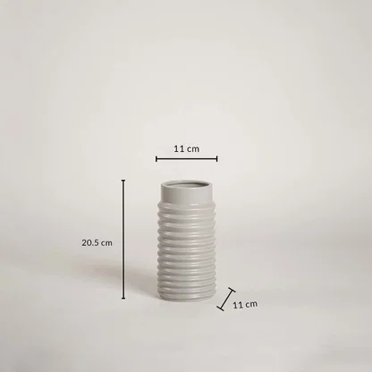 Light grey ribbed ceramic vase with 20.5 cm height and 11 cm width shown clearly for accurate home decor size reference and planning.