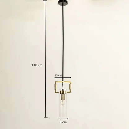 Gold metal and clear glass pendant light dimension image with 8 cm width and 110 cm height for bedside placement.
