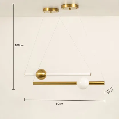 Modern gold linear pendant light dimension image with 80 cm width and 100 cm height for dining room placement.
