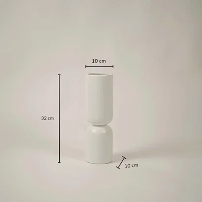 Tall white ceramic vase measuring 32 cm height and 10 cm width shown clearly with size markings.