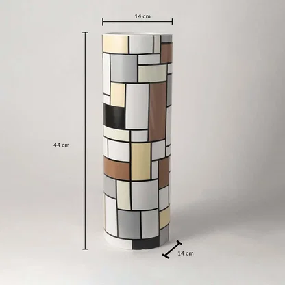 White ceramic sculptural vase shown with dimensions 28 cm height 12.5 cm width and 13 cm depth clearly presenting product size.