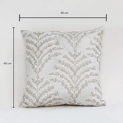 Beige embroidered cushion measuring 40 cm by 40 cm shown with clear size markings on a clean white background.