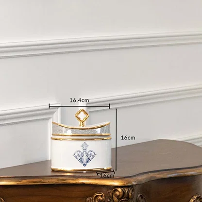White rectangular ceramic jar with blue artwork in a front view measuring 11.4 cm width and 14 cm height perfect for refined décor styling.