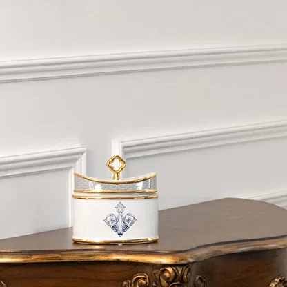 White rectangular ceramic jar with blue artwork in a front view ideal for elegant décor styling and stylish tabletop placement.