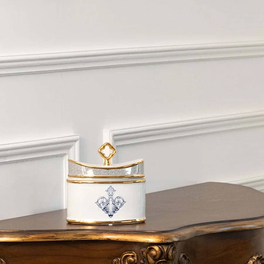 White rectangular ceramic jar with blue artwork in a front view ideal for elegant décor styling and stylish tabletop placement.