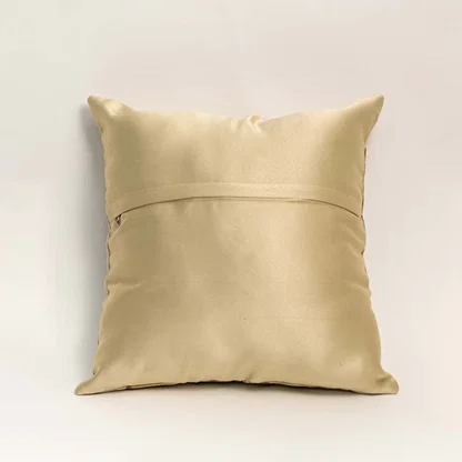 Rear view of floral cushion with solid beige backing highlighting minimal look durable fabric and neat tailored edges.