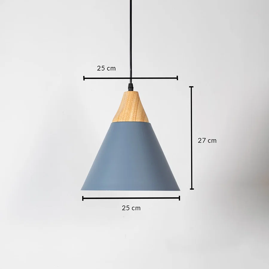 Blue metal pendant light measuring 25 cm width and 27 cm height crafted for stylish ceiling lighting decor.