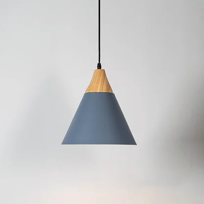 Blue metal pendant light with natural wood accents and minimalist cone design for contemporary ceiling lighting decor.