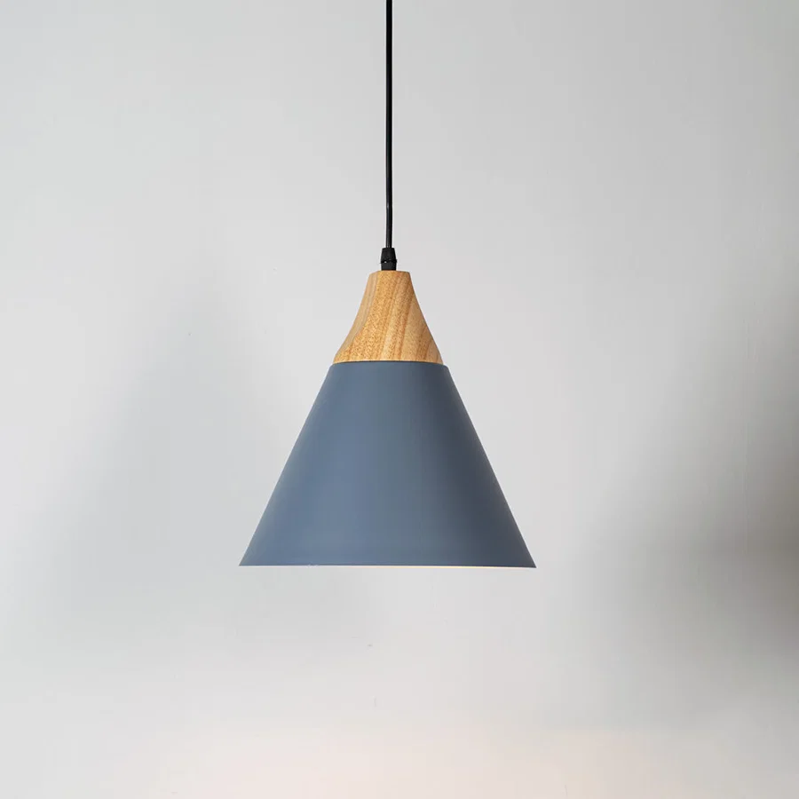 Blue metal pendant light with natural wood accents and minimalist cone design for contemporary ceiling lighting decor.