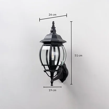 Black outdoor wall lantern 51cm height 19cm width upward facing dimension image showing vintage coach style exterior fixture.