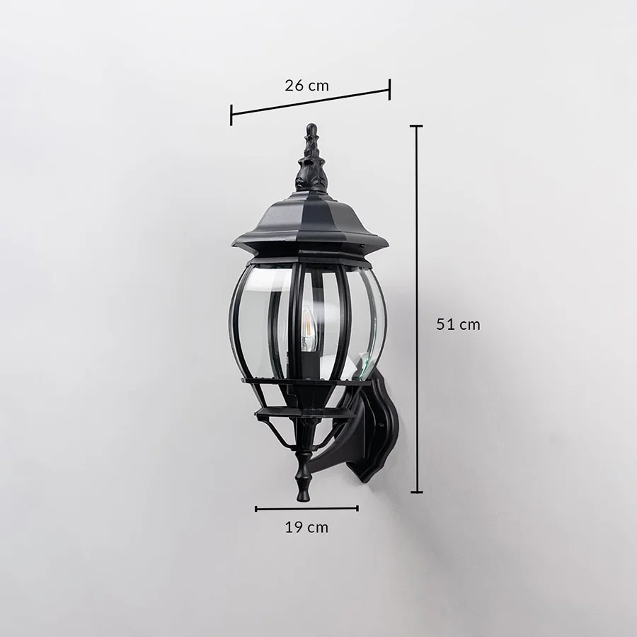 Black outdoor wall lantern 51cm height 19cm width upward facing dimension image showing vintage coach style exterior fixture.