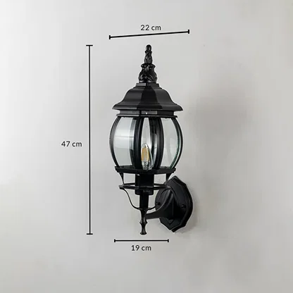 Black outdoor wall lantern 47cm height 19cm width with curved glass dimension image showing vintage coach style exterior light.