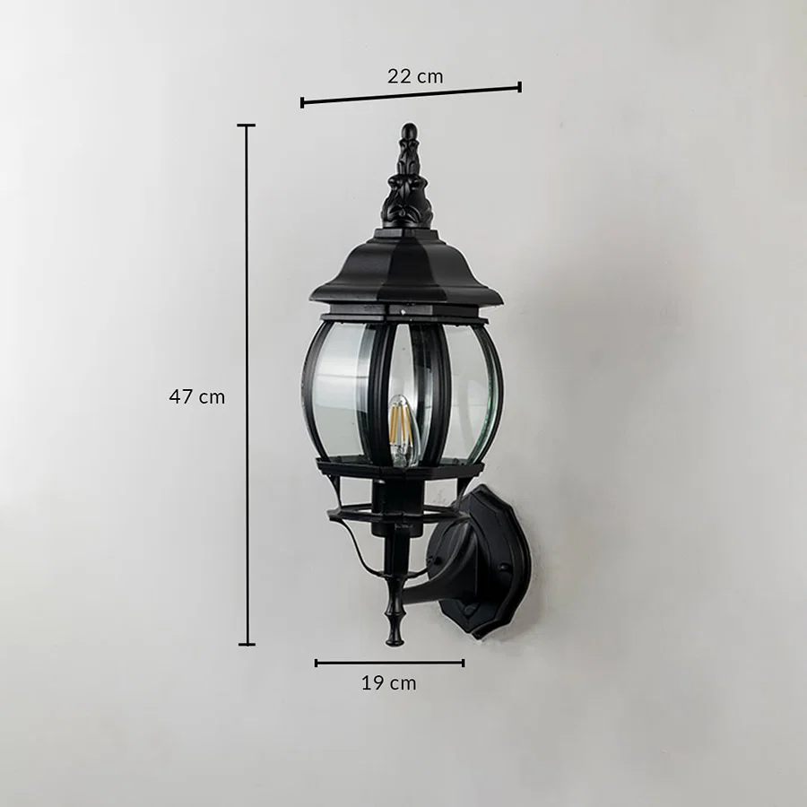 Black outdoor wall lantern 47cm height 19cm width with curved glass dimension image showing vintage coach style exterior light.