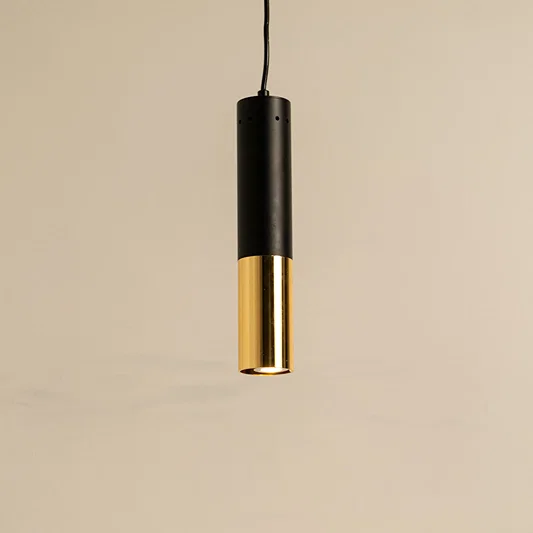 Black and gold metal pendant light showcasing minimalist cylindrical design with contemporary decorative styling.