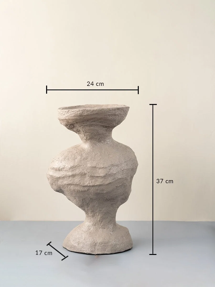 Beige ceramic vase with sculptural texture 37 cm height 24 cm width and 17 cm depth ideal for table decor.