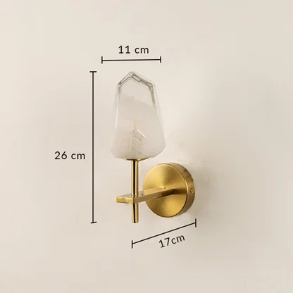 Brushed gold wall light with frosted crystal shade measuring 26 cm height 11 cm width and 17 cm depth shown clearly for accurate placement.