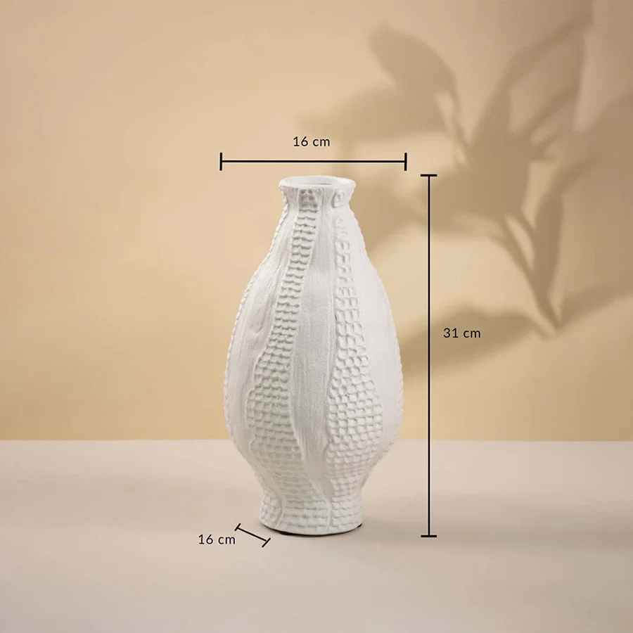 White ceramic vase on white background showing height 31 cm and width 16 cm ideal for console table and modern home styling.