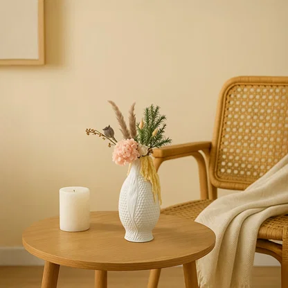 Handcrafted white ceramic vase with floral arrangement placed near a wooden chair and beige background adding elegance to modern living space.