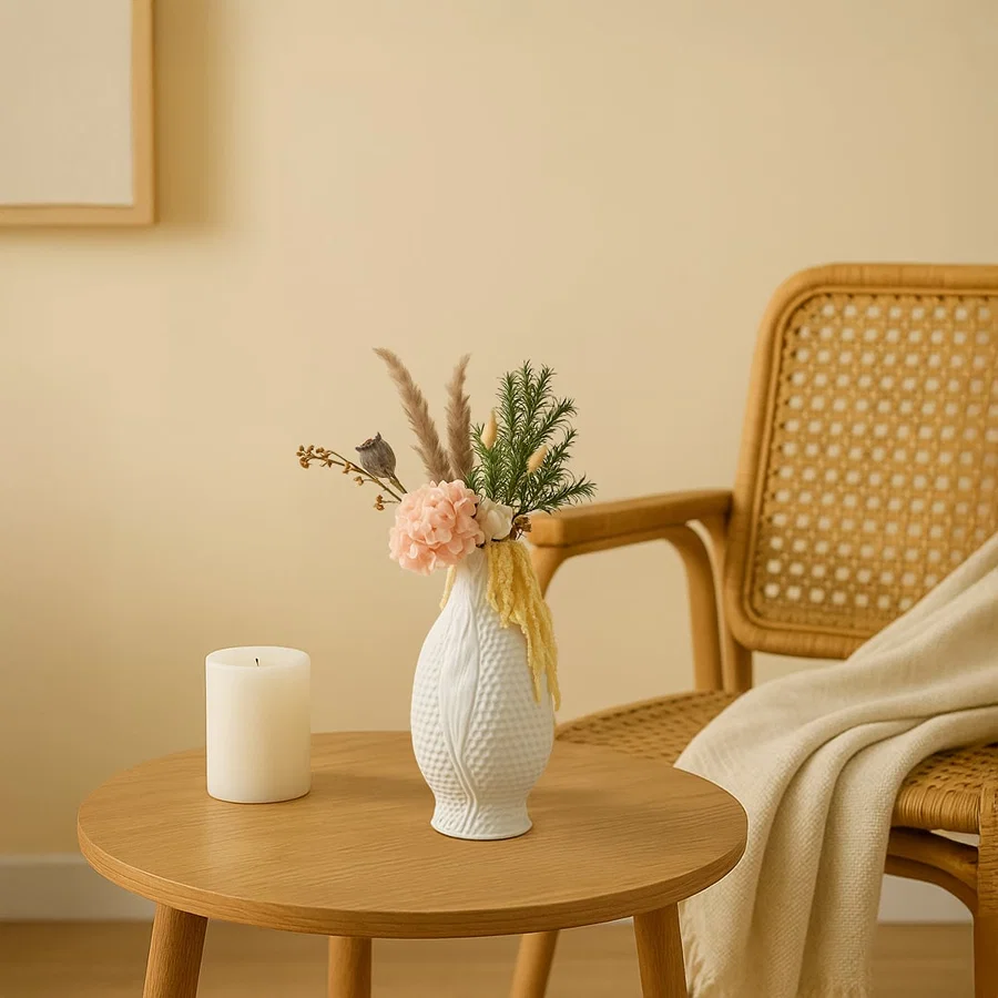 Handcrafted white ceramic vase with floral arrangement placed near a wooden chair and beige background adding elegance to modern living space.