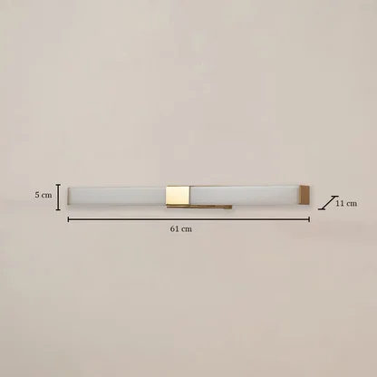 White and gold picture light measuring 61 cm width and 11 cm depth shown on white background for accurate wall lighting planning.